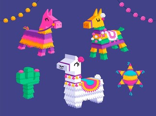 Fototapeta na wymiar Colorful set of Mexican pinatas. Paper containers in form of llama, donkey, star and cactus. Decorations with sweets for holiday or festival. Cartoon flat vector collection isolated on blue background