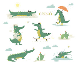 Fototapeta premium Cute Crocodiles in Different Situations Set. Alligator rides skateboard, washes in bathroom, walks with umbrella and sunbathes on beach.. Cartoon flat vector collection isolated on white background