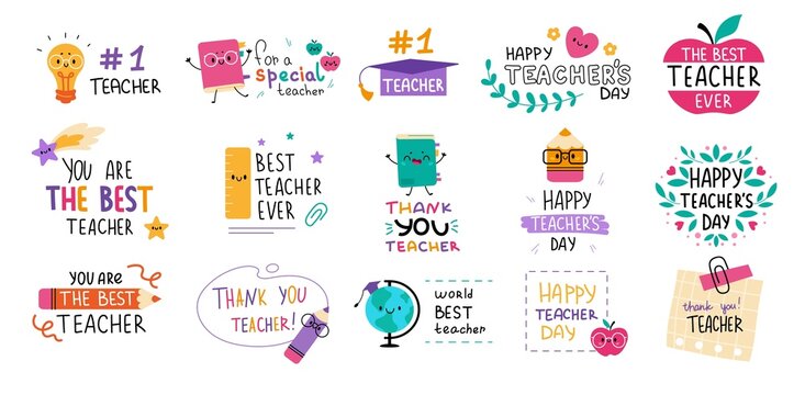 Happy Teachers Day abstract concept. Set of cute greeting cards with pencils, books, globe, light bulb and inscription. Best teacher ever. Cartoon flat vector collection isolated on white background