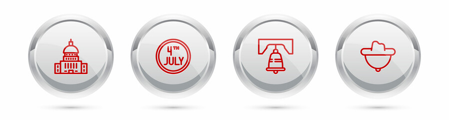 Set line White House, Calendar with date July 4, Liberty bell in Philadelphia and Western cowboy hat. Silver circle button. Vector