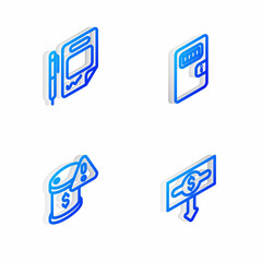 Set Isometric line Prison cell door, Contract money and pen, Drop in crude oil price and Dollar rate decrease icon. Vector