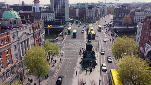 O Connell Bridge in the city center of Dublin - view from above by drone