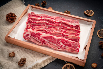 Cross Cut Short Ribs beef on wooden plate, Beef Short Ribs (Sliced) on wooden background.