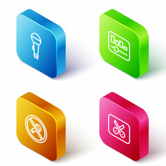 Set Isometric line Microphone, Music equalizer, Mute microphone and or video editing icon. Vector