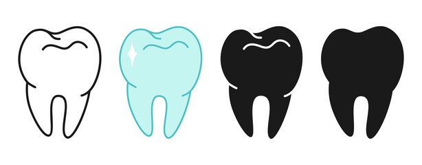 Tooth molar healthy icon, medical dental implant stamp, silhouette or doodle line set. Dental health symbol, dentistry hygiene, healthy and clean teeth. Vector modern design logo, web site mobile app
