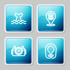 Set line Whale tail, Scallop sea shell, Photo camera for diver and Life jacket icon. Vector