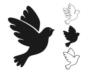Peace symbol dove silhouette stamp, doodle outline set. Flying bird pigeon sign, pure dove icon. Freedom, Christian, humanity emblem peaceful and no war concept. Isolated minimal logo design elements