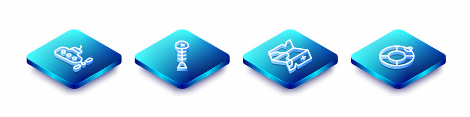 Set Isometric line Submarine, Dead fish, Pirate treasure map and Lifebuoy icon. Vector