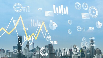 Business data analytic interface fly over smart city showing alteration future of business intelligence. Computer software and artificial intelligence are used to analyze big data for strategic plan .