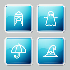 Set line Winter hat, Ghost, Umbrella and Witch icon. Vector