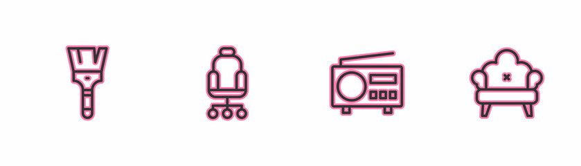 Set line Paint brush, Radio, Office chair and Sofa icon. Vector