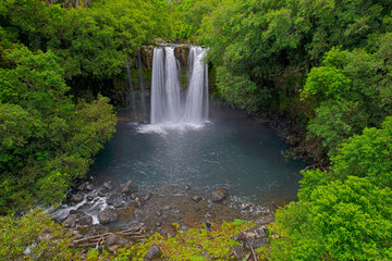 Aerial view of Leon waterfall (Cascade Leon) which is hidden in a forest located in the south of...