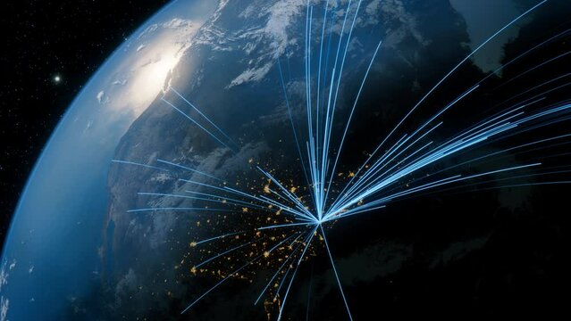 Earth in Space. Blue Lines connect Washington, USA with Cities across the World. Global Travel or Communication Concept.