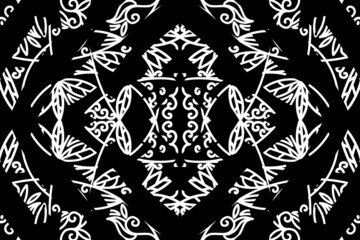 seamless Black and white caleidoscope gradient flower and leaf line art pattern of indonesian culture traditional tenun batik ethnic dayak ornament for wallpaper ads background 