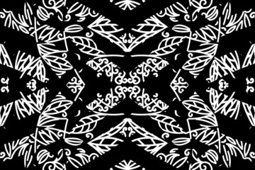 seamless Black and white caleidoscope gradient flower and leaf line art pattern of indonesian culture traditional tenun batik ethnic dayak ornament for wallpaper ads background 