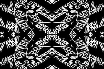 seamless Black and white caleidoscope gradient flower and leaf line art pattern of indonesian culture traditional tenun batik ethnic dayak ornament for wallpaper ads background 