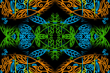 seamless colourful caleidoscope gradient flower and leaf line art pattern of indonesian culture traditional tenun batik ethnic dayak ornament for wallpaper ads background 