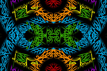 seamless colourful caleidoscope gradient flower and leaf line art pattern of indonesian culture traditional tenun batik ethnic dayak ornament for wallpaper ads background 