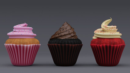 Colourful Cupcakes Set 3D Render. Grey Background, Mockup.