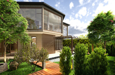 Fototapeta premium 3d render. Modern villa exterior scene.