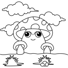 Cute mushroom cartoon coloring page illustration vector. For kids coloring book.
