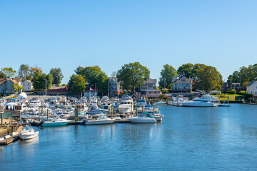 Cove Marina and yachts on Pawtuxet River mouth to Providence River in fall in Pawtuxet Village between city of Cranston and Warwick, Rhode Island RI, USA.  - obrazy, fototapety, plakaty
