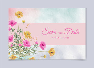  Wedding invitation template with watercolor leaves and flowers .save the date thank you card, rsvp with floral and leaves, watercolor style for printing, badge. vector illustration 
