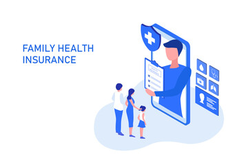 Family life and health insurance concept, family buy insurance to protect family vector illustration. Heath care, insurance and  
