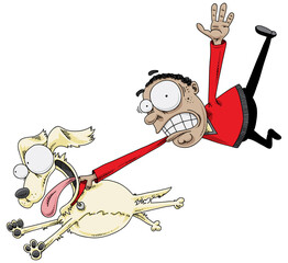 A startled cartoon man grasps his dog's collar as the happy dog runs quickly.