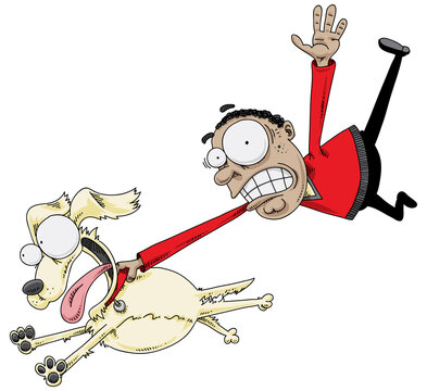 A Startled Cartoon Man Grasps His Dog's Collar As The Happy Dog Runs Quickly.