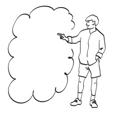 full length of man pointing in one direction on bubble speech illustration vector hand drawn isolated on white background line art.