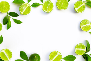 Frame made of fresh limes with green leaves on white background. Top view