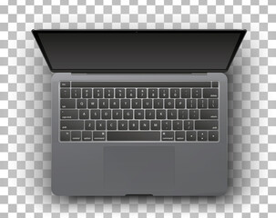 Modern glossy laptop with black screen isolated on transparent background.