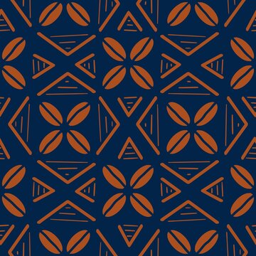 Illustration vintage brown color tribal shape seamless pattern on navy blue background. Use for fabric, textile, interior decoration elements, upholstery, wrapping.