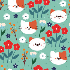 seamless pattern hand drawing cartoon cat and flower. animal drawing for fabric print, textile, gift wrap paper