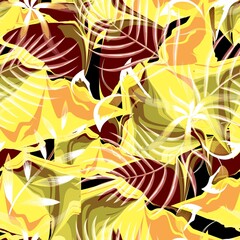 abstract tropical leaves seamless pattern on dark background. colorful plants foliage pattern. colorful fabric texture print repeated. light color on black. Fashion design for your textile and fabric