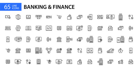 65 banking and finance pixel perfect editable stroke line art icons