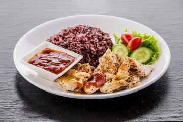 Stir fried chicken with garlic and rice