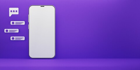 White mobile phone with purple background Message notification can receive and send messages icon thin line for web and mobile, modern minimalistic flat design. 3D white icon on gradient mesh backgrou