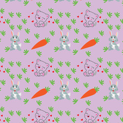 Seamless pattern with rabbit and cat. Bunny and cat pattern