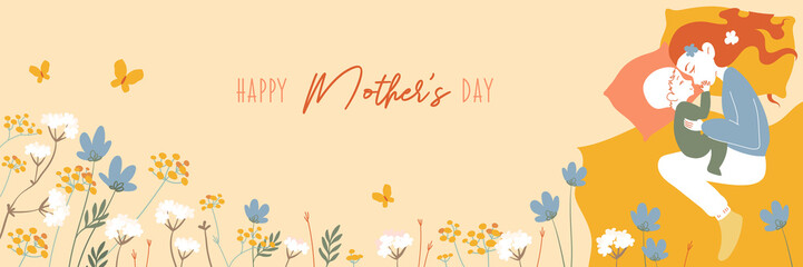 Vector banner with child kissing mother and hearts for mother's day