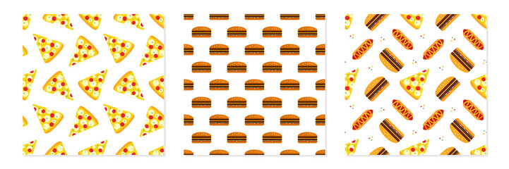 Set, collection of three vector seamless pattern background with pizza, burgers, hot dogs for fast food design.