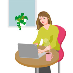 Fototapeta na wymiar 窓際に観葉植物がある部屋の丸テーブルでコーヒーを飲みながらノートパソコンを使う女性