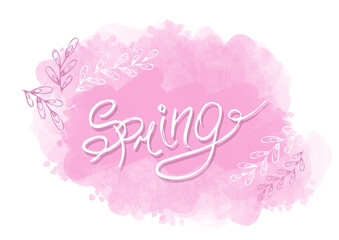 Naklejka na ściany i meble Spring - calligraphy lettering with leaves on watercolor pink cloud. Colorful hand drawn text spring. Pastel colored illustration on white background