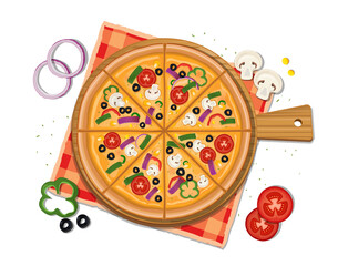 Delicious Pizza served on a wooden plate isolated on white background