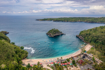 Aerial view of Crystal Bay Area located at Penida Island  and Caningan Island located nearby,...