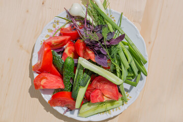 Fresh tomatoes, cucumbers, onions on a plate, top view