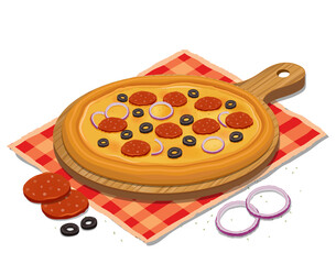 Round vector pizza illustration with onions and salami pieces