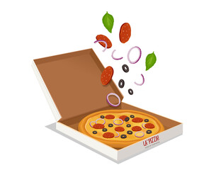 Vector Pizza illustration with delivery box isolated on white background
