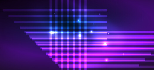 Obraz premium Background neon glowing lines and geometric shapes. Lights in the dark wallpaper for concept of AI technology, blockchain, digital, communication, 5G, science